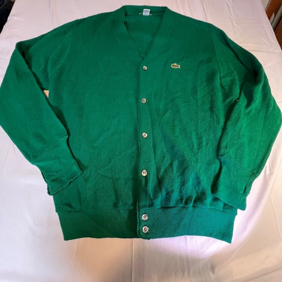 Izod Lacoste Large Cardigan Mens Green Vintage 80s Orlon USA V-Neck Preppy Retro